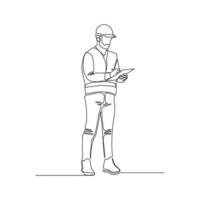 Continuous line drawing of young male architect engineer worker standing write business note on paper at clipboard wearing safety helmet. One single line businessman concept. Vector illustration