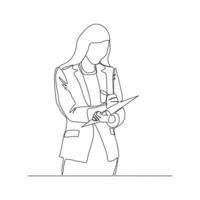 Continuous line drawing of young happy female worker standing while write business note from mentor on paper at clipboard. One single line business woman workshop concept. vector illustration