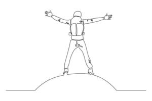 Continuous one line drawing of traveling people with backpack. Single one line art of man hiking on top of mountain. Vector illustration