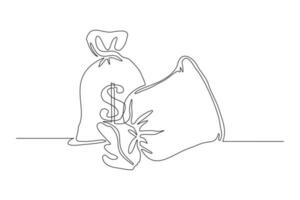 Continuous line drawing of money bag. Single one line art of finance bank money storage and investment. Vector illustration