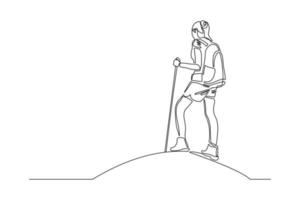 Continuous one line drawing of traveling people with backpack. Single one line art of woman success to hiking on top of mountain. Vector illustration