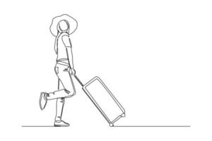 Continuous line drawing of traveler woman with luggage. Single one line art concept of tourist walking with suitcase. Vector illustration