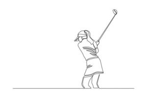 Continuous line drawing of young woman playing golf. Single one line art concept of professional golfer holding stick to hit ball. Vector illustration