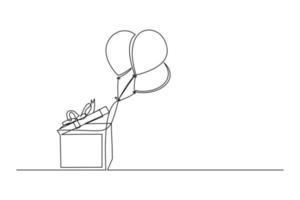Continuous line drawing of birthday celebration balloon pop up from the box. Single one line art of decoration balloon concept design outline. Vector illustration