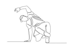 Continuous line drawing of man break dancer hand stand. Single one line art concept of male hip hop dance. Vector illustration