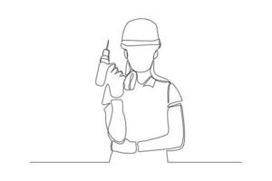 Continuous line drawing of young handy woman wearing uniform while holding drill machine. Single one line art of repair woman construction maintenance service concept. Vector illustration