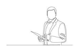 Continuous line drawing of young happy male worker standing while write business note from mentor on paper at clipboard. One single line businessman workshop concept. vector illustration