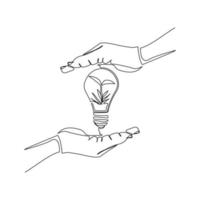 Continuous line drawing of green plant tree in light bulb and two palm hands. Creative green earth nature saving single one line art. Vector illustration