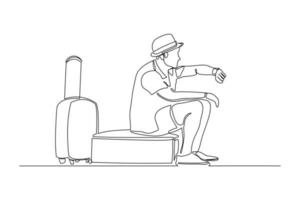 Continuous line drawing of traveler man sitting with luggage. Single one line art concept of tourist walking with suitcase. Vector illustration