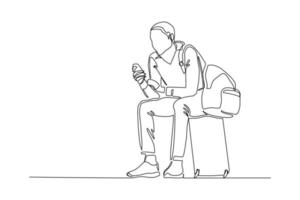 Continuous line drawing of traveler man sitting with luggage. Single one line art concept of tourist walking with suitcase. Vector illustration