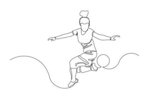 Continuous line drawing of football player kicking ball. Single one line art of young woman soccer player dribbling and juggling ball. Vector illustration