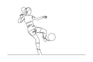 dibujo de línea continua del jugador de fútbol pateando la pelota. arte de una sola línea de una joven jugadora de fútbol driblando y haciendo malabares con la pelota. ilustración vectorial vector