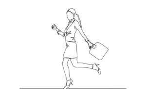 Continuous line drawing of happy young business woman holding briefcase. Single one line art of office worker. Vector illustration