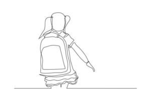 Continuous line drawing of little girl woman walking on the street. Concept of student person with bag go to school. Vector illustration