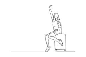 Continuous line drawing of traveler woman sitting with luggage. Single one line art concept of tourist walking with suitcase. Vector illustration