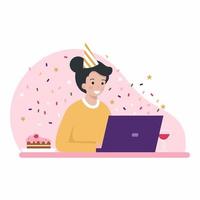 Happy woman celebrates her birthday with  laptop. Online party. Web conference with friends. vector