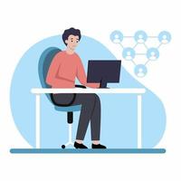 Man with laptop. Programmer work on computer. Teamwork online. Freelancing and working from home. vector