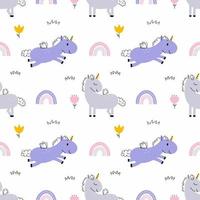 Seamless doodle pattern. Cute unicorn and rainbow. Pony walks through  field with flowers. Background for printing on fabric and wrapping paper. vector
