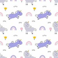 Seamless doodle pattern. Cute unicorn and rainbow. Pony walks through  field with flowers. Background for printing on fabric and wrapping paper. vector