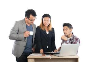 Portrait of business partners discussing documents and ideas at meeting in office isolated on white background. photo