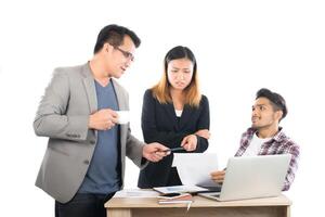 Portrait of business partners discussing documents and ideas at meeting in office isolated on white background. photo