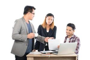 Portrait of business partners discussing documents and ideas at meeting in office isolated on white background. photo