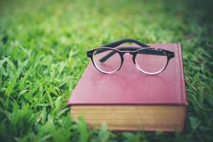 Glasses with red book on the green grass in the park photo