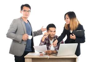 Portrait of business partners discussing documents and ideas at meeting in office isolated on white background. photo