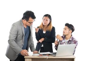 Portrait of business partners discussing documents and ideas at meeting in office isolated on white background. photo