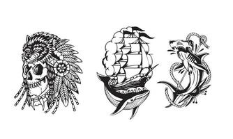 logo set design head skull, whale and ship, shark and anchor black and white vector illustration
