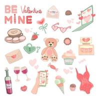 Vector set of cute clip arts for Valentines Day postcards, posters. Teddy bear, coffee, hearts, lollipop, sweets, love letters, bottle of wine and glasses, cupcake, lettering.