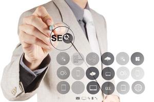 businessman hand showing search engine optimization SEO photo