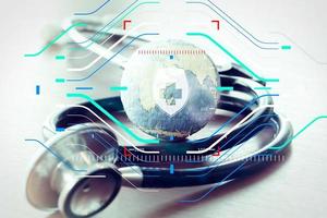 Studio macro of a stethoscope and texture globe with shallow DOF evenly matched abstract as medical network concept Elements of this image furnished by NASA photo