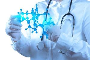 scientist doctor hand touch virtual molecular structure photo