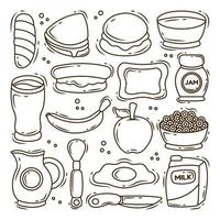 conjunto de dibujos animados de desayuno dibujados a mano colección de garabatos para colorear vector