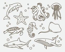 conjunto de dibujos animados de animales marinos dibujados a mano para colorear vector
