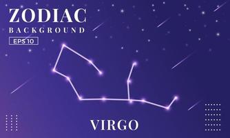 fondo de zodiaco virgo en la noche con hermosas estrellas fugaces y adornos de estrellas. perfecto para folletos de cuaderno, libros escolares, papel de cuaderno, libro, plantilla de revista. vector