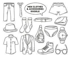 conjunto de ropa y accesorios de hombre dibujados a mano dibujos animados doodle para colorear vector