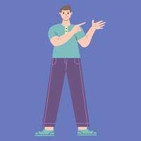 gráfico vectorial de ilustración del personaje de dibujos animados de hombre con pose de señalar en diseño plano. concepto de negocio. fondo azul. perfecto para la promoción de negocios, gestión, marketing. vector