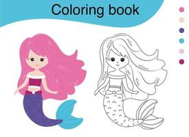 Cute little mermaid with long hair . Coloring book for children. Vector black and white coloring page.