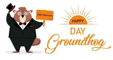 Happy Groundhog Day. Banner with the image of a funny elegant groundhog with a suit. Vector illustration isolated on a white background.