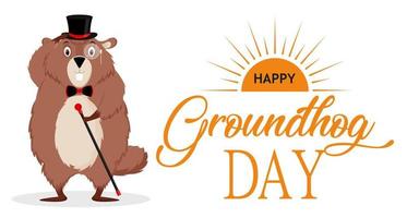 Happy Groundhog Day. Banner with the image of a funny elegant groundhog with a suit. Vector illustration isolated on a white background.