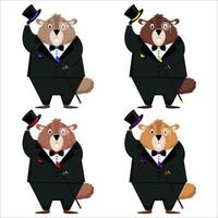 Happy Groundhog Day. A set of four elegant marmots in a tuxedo, top hat, bow tie, with a cane in their hands. Isolated on a white background. Vector illustration.