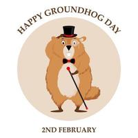 Happy Groundhog Day. Design of a funny and cute groundhog character for the design of banners, websites, fabric prints, stickers, icons. Vector cartoon style.