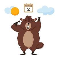 Happy Groundhog Day. Happy groundhog rejoices in spring. Isolated vector illustration on a white background.