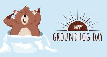 Happy Groundhog Day. Design with a cute groundhog character that pops out of a hole. Vector illustration.