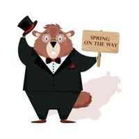 Happy Groundhog Day. Happy and elegant groundhog in a tuxedo, top hat, bow tie, with a sign for the text in his hands. Isolated on a white background. Vector illustration.