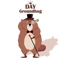 Happy Groundhog Day. Happy groundhog with a shadow in a top hat, bow tie, with a cane in his hands, isolated on a white background. Vector illustration.