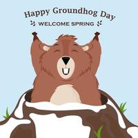 Happy Groundhog Day. Design with a cute groundhog character that pops out of a hole. vector