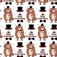 Happy Groundhog Day. Pattern of a groundhog in a tuxedo, top hat, bow tie, with a cane in his hand on a white background.Vector illustration. vector